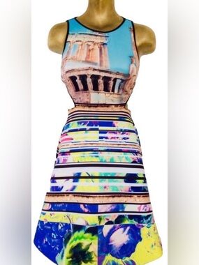 NWT CLOVER CANYON Greek Acropolis Garden Neoprene Wearable Art Cut-Out DRESS S